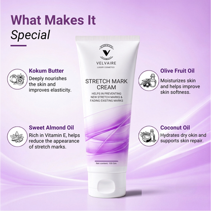 Nourishing stretch mark removal cream made with Kokum Butter, Sweet Almond Oil, Olive Oil, and Coconut Oil.