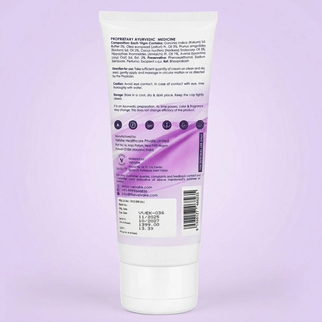 Velvaire Ayurvedic Stretch Mark Cream back label featuring complete ingredients list, usage directions, and product details.