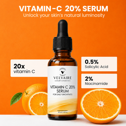 Velvaire Vitamin C 20% Serum infused with 0.5% Salicylic Acid and 2% Niacinamide to unlock skin luminosity and smooth texture.