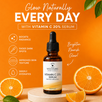 Velvaire Vitamin C 20% Serum benefits: boosts radiance, fades dark spots, improves skin texture, and deeply hydrates for daily brightness.