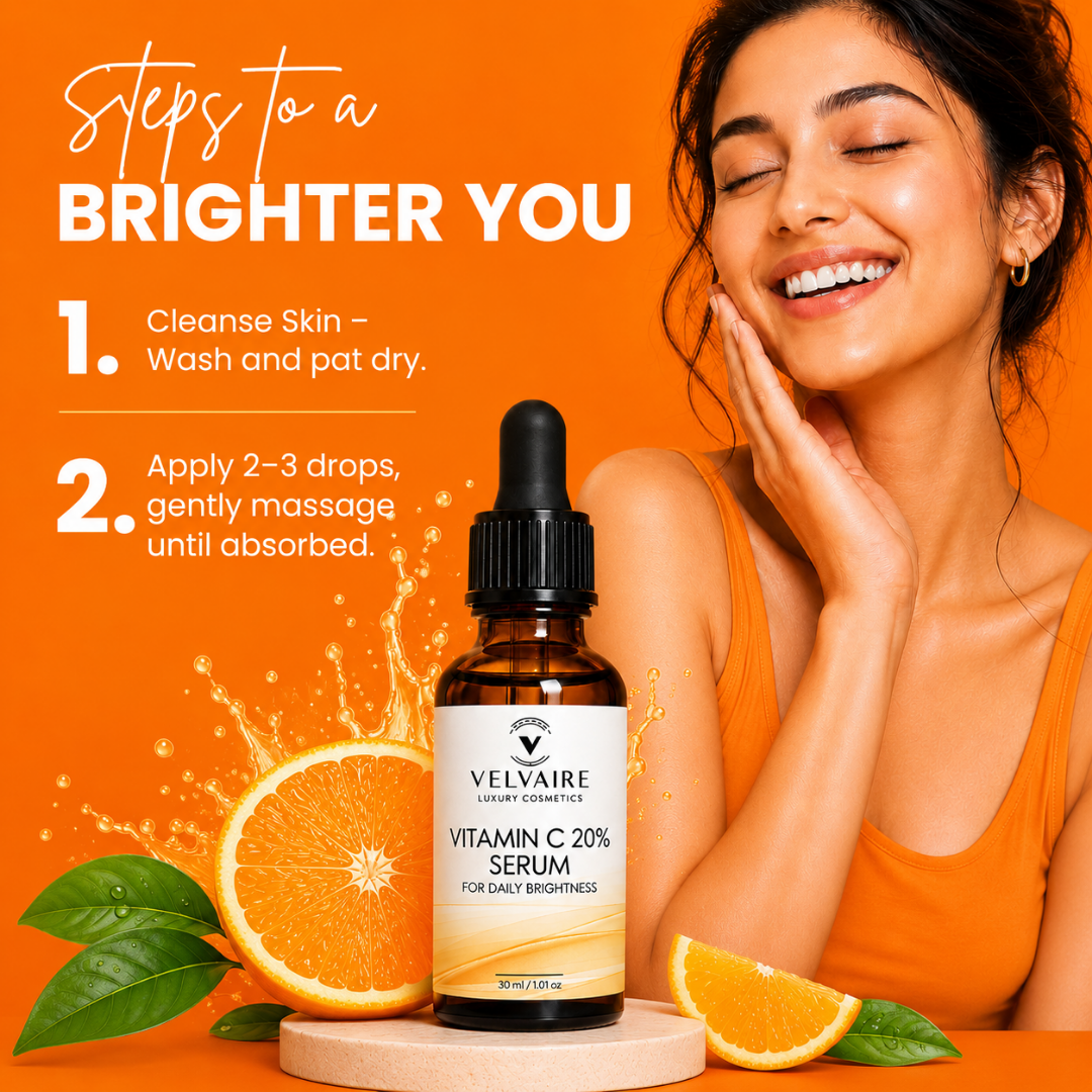 Steps to a brighter complexion: apply 2 to 3 drops of Velvaire Vitamin C 20% Serum daily on clean skin for glowing results.
