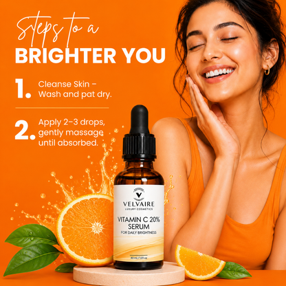 Steps to a brighter complexion: apply 2 to 3 drops of Velvaire Vitamin C 20% Serum daily on clean skin for glowing results.