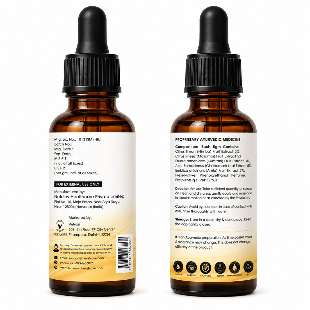 Velvaire Ayurvedic Vitamin C 20% Serum back label showing natural ingredients including Amla, Mosambi, Nimbu, Aloe Vera, and usage directions.