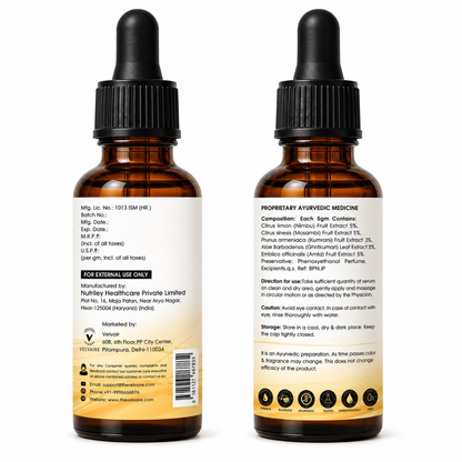 Velvaire Ayurvedic Vitamin C 20% Serum back label showing natural ingredients including Amla, Mosambi, Nimbu, Aloe Vera, and usage directions.